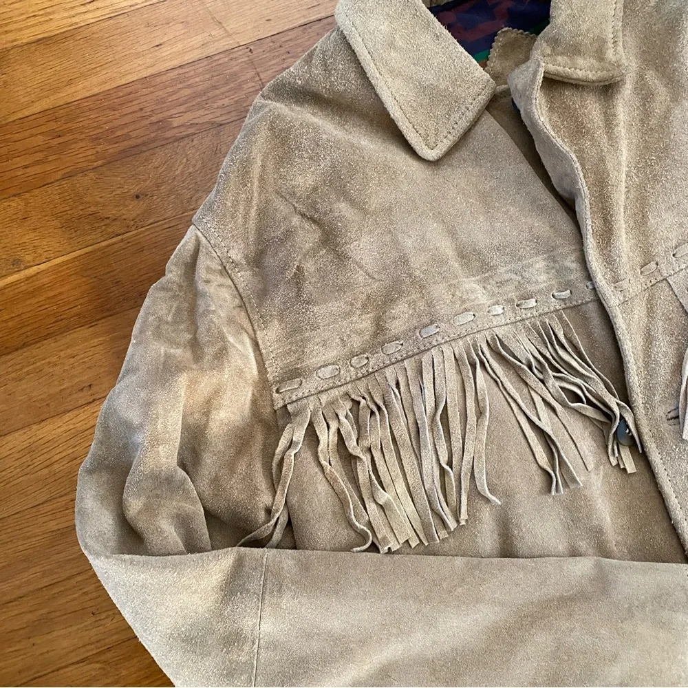 Real Leather Suede Southwestern Western Tassel FringeJacket: Natural Tan - Large - Picture 4 of 8